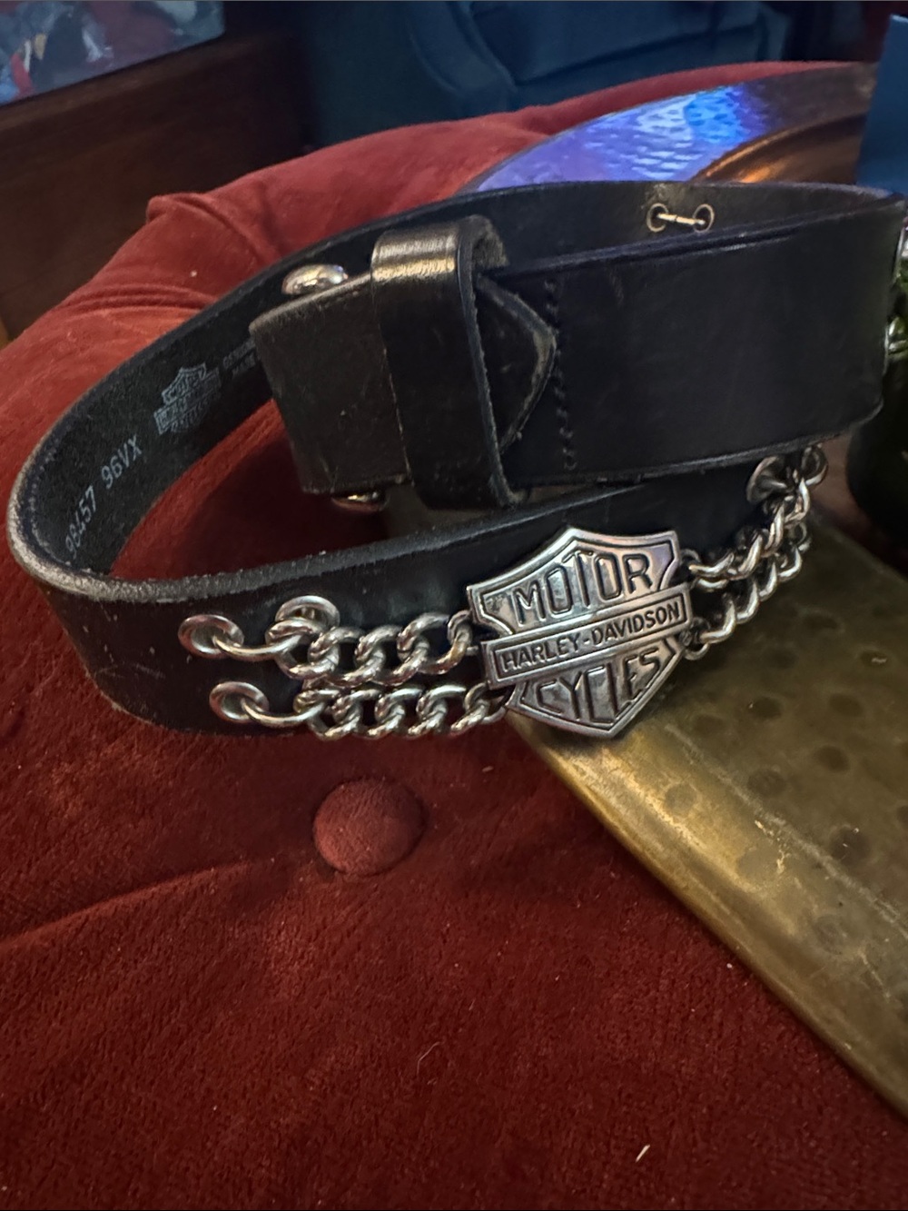 Harley-Davidson Black Leather Belt with Silver Chain and Shield Emblem